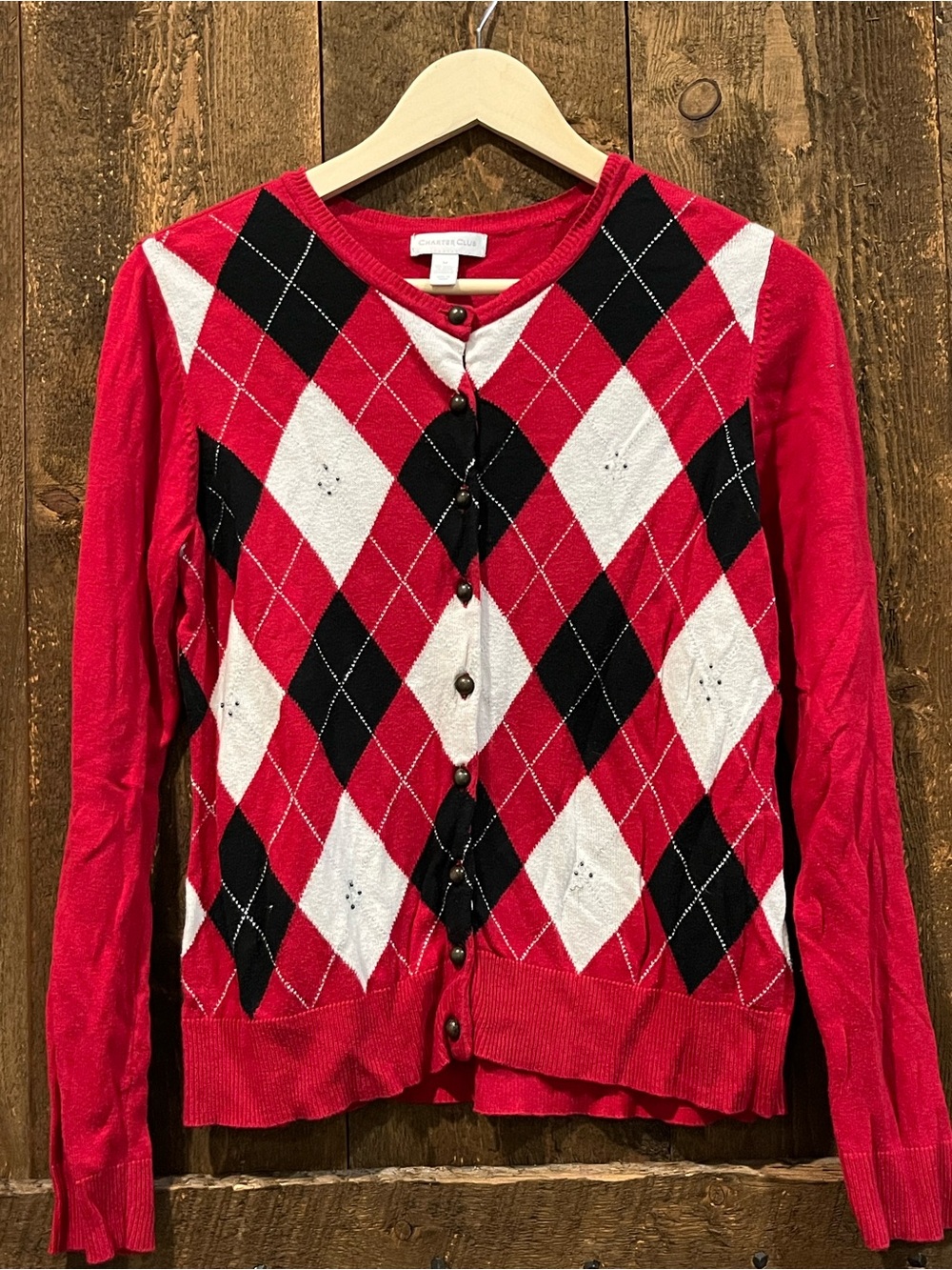 Charter Club Red Black White Argyle Button Cardigan